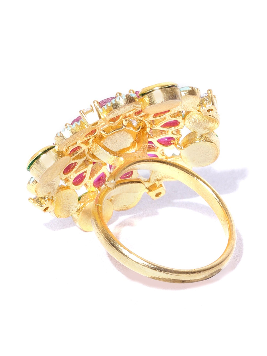 Gold-Plated Floral Patterned Pink and Green Meenakari Adjustable Ring Studded with Kundan and Ruby