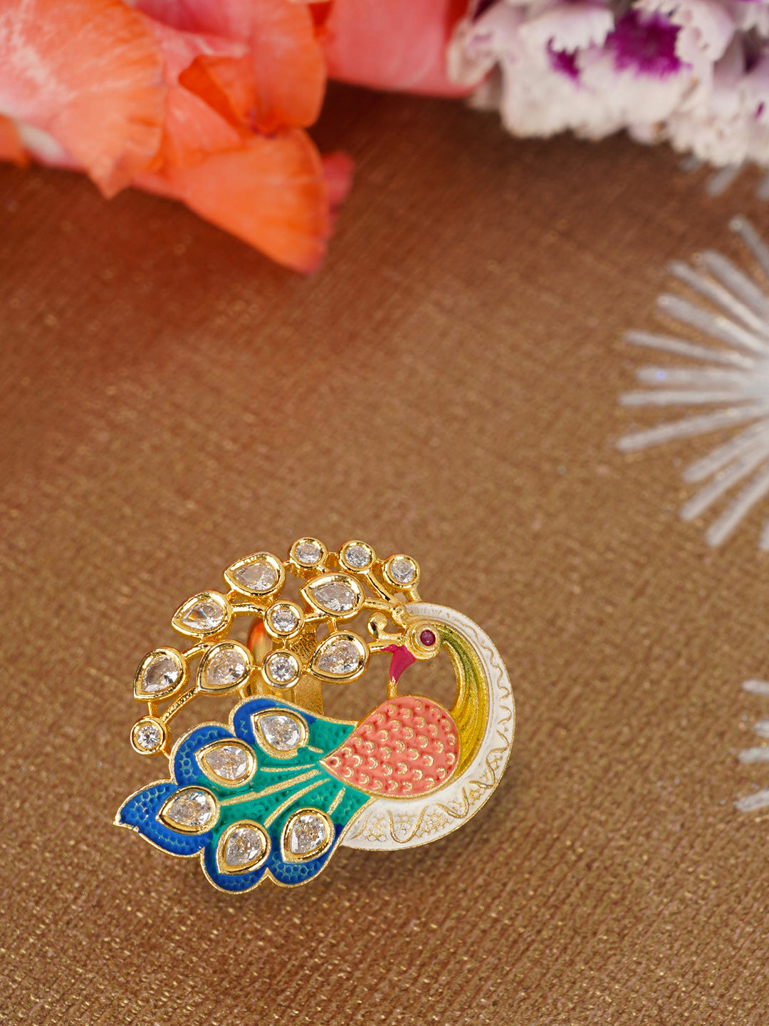 Gold-Plated Peacock Inspired Meenakari Adjustable Ring Studded with American Diamond