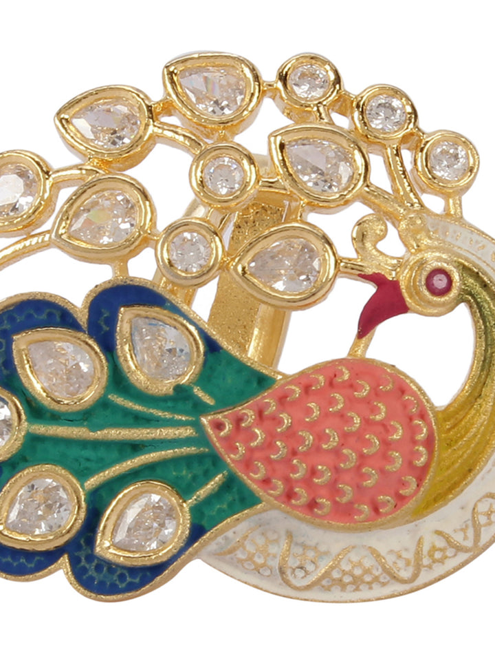 Gold-Plated Peacock Inspired Meenakari Adjustable Ring Studded with American Diamond