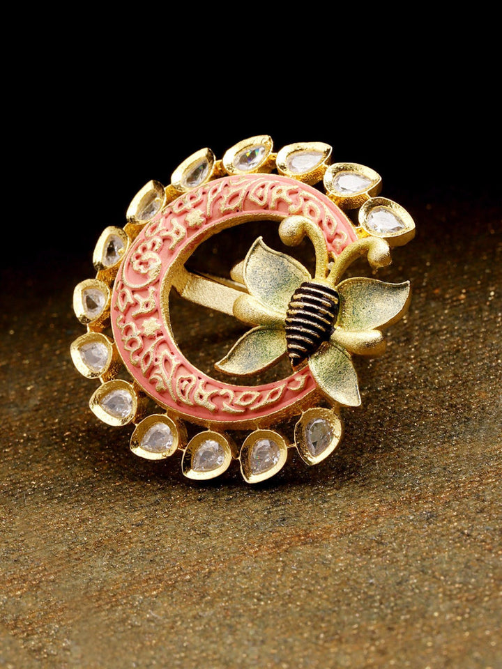Gold-Plated Butterfly Inspired Meenakari Adjustable Ring in Peach and Green Color Studded with American Diamond