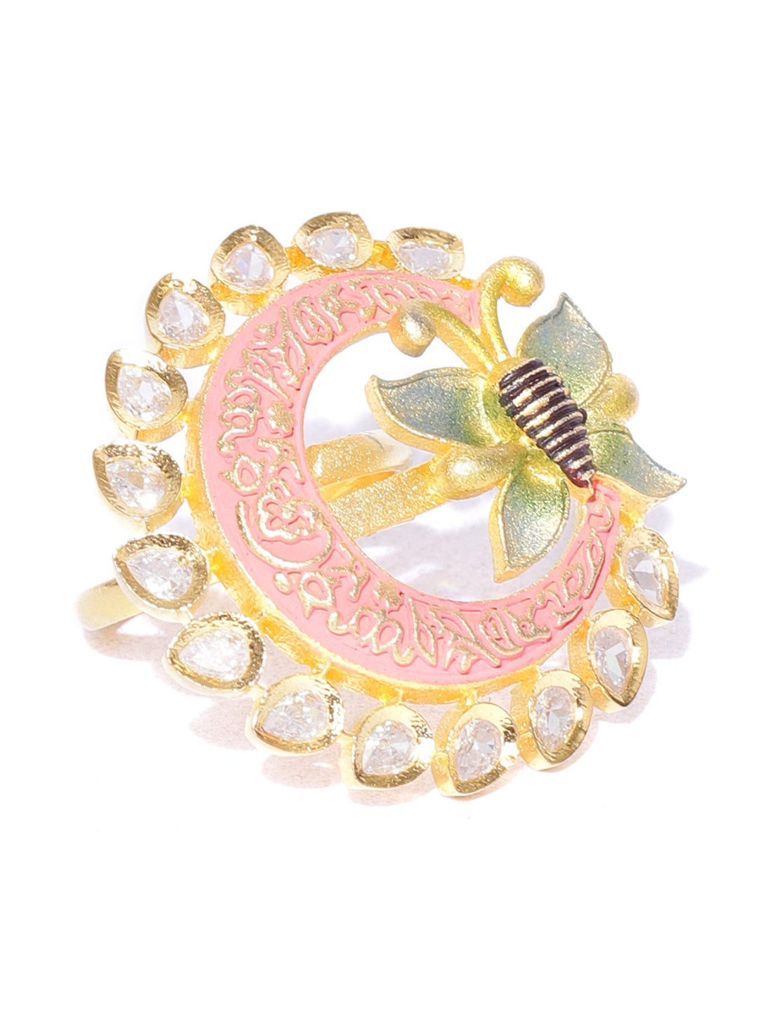 Gold-Plated Butterfly Inspired Meenakari Adjustable Ring in Peach and Green Color Studded with American Diamond