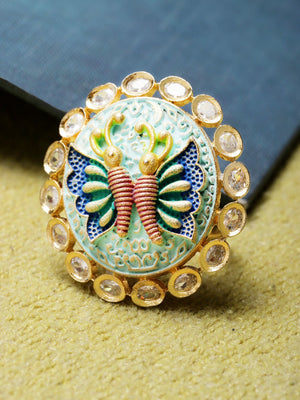 Gold-Plated Butterfly Inspired Meenakari Adjustable Ring in Blue and Green Color Studded with American Diamond