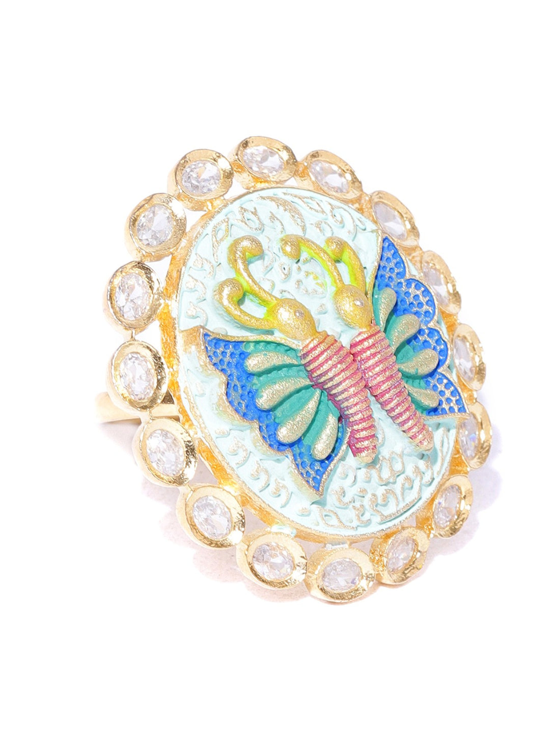 Gold-Plated Butterfly Inspired Meenakari Adjustable Ring in Blue and Green Color Studded with American Diamond