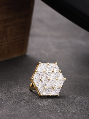 Gold-Plated American Diamond Studded Adjustable Ring in Geometric Pattern