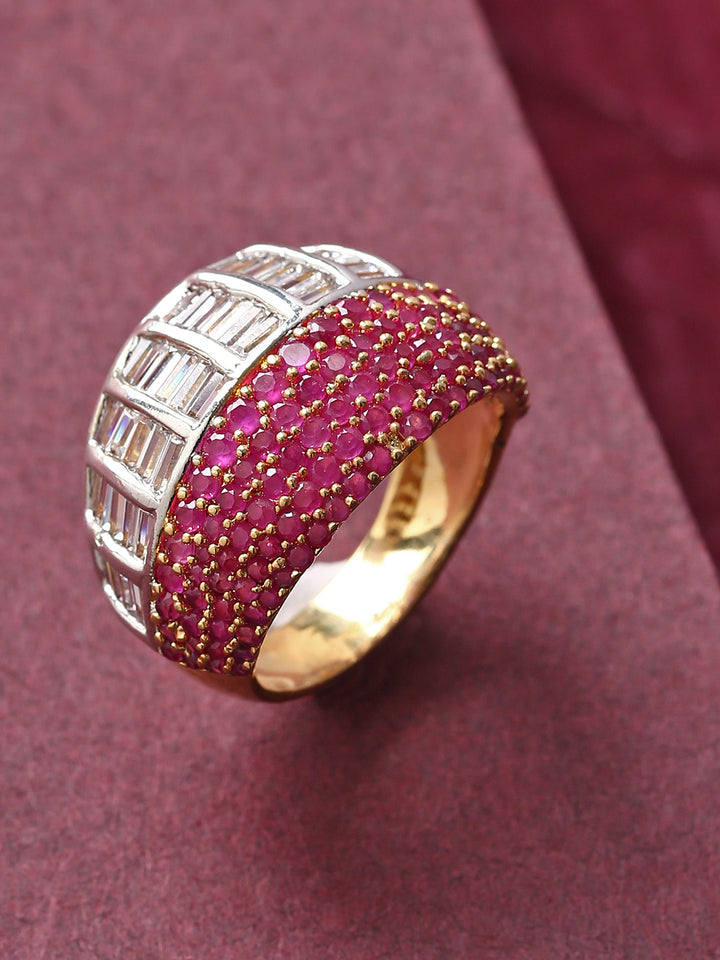 Gold-Plated Pink Ruby and American Diamond Studded Broad Ring
