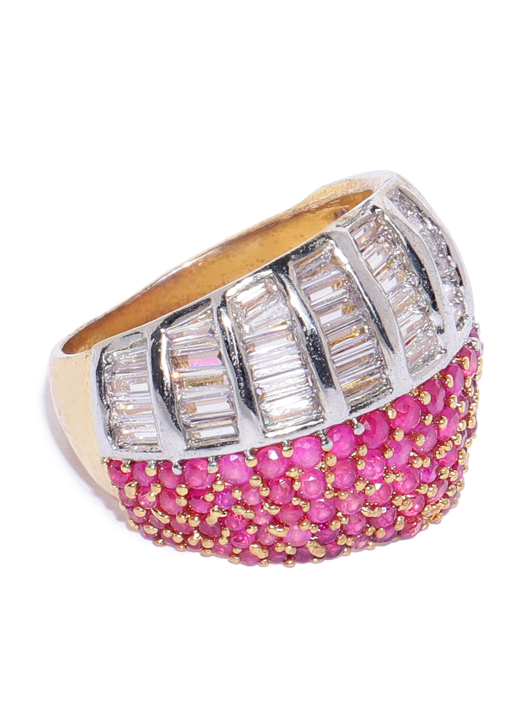 Gold-Plated Pink Ruby and American Diamond Studded Broad Ring
