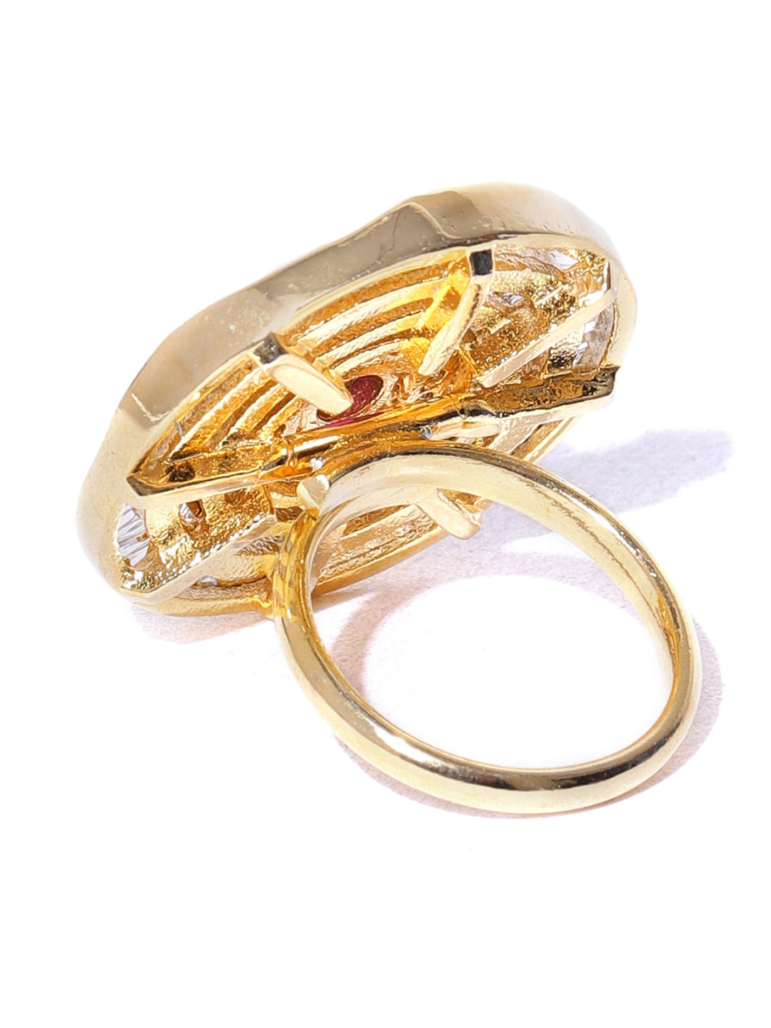 Designer Gold Plated American Diamond Ring With Single Red Stone For Women And Girls