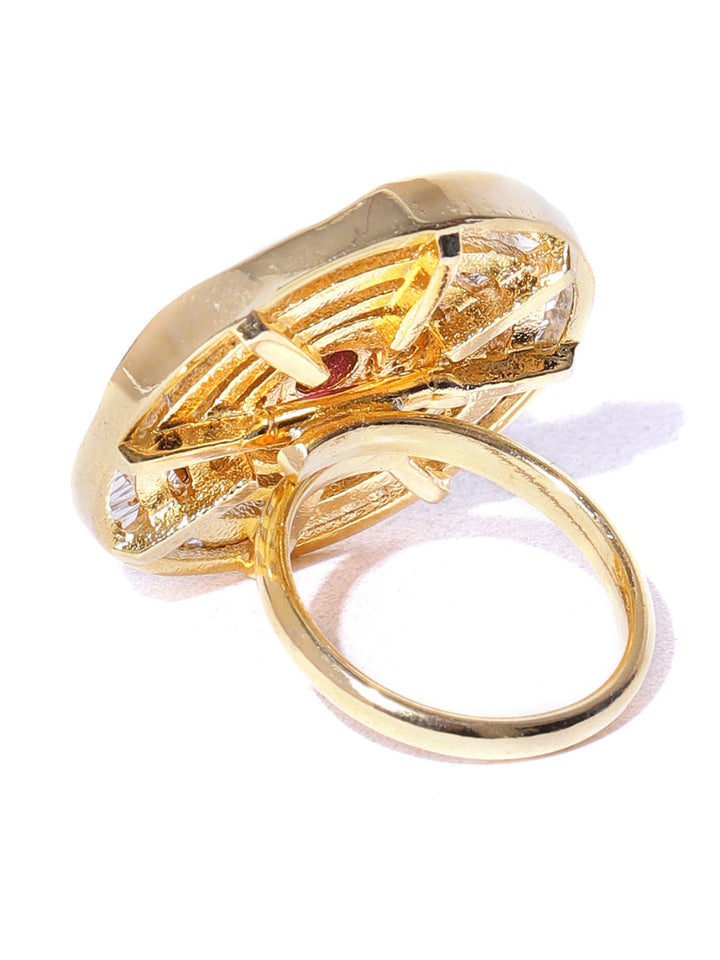 Designer Gold Plated American Diamond Ring With Single Red Stone For Women And Girls