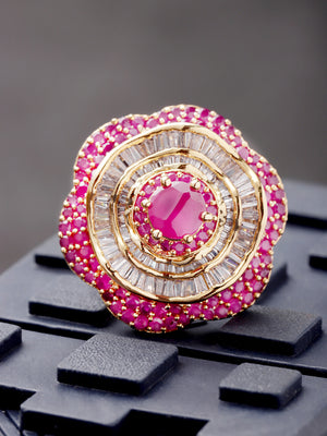 Stylish Floral Shaped Pink And White American Diamond Ring For Women And Girls