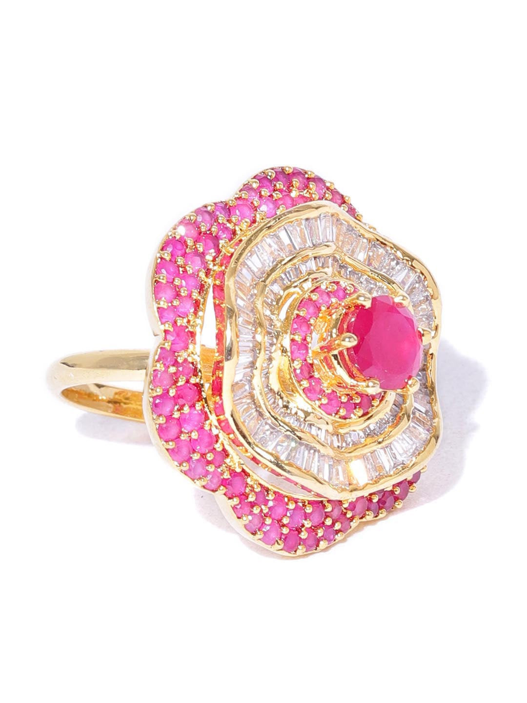 Stylish Floral Shaped Pink And White American Diamond Ring For Women And Girls