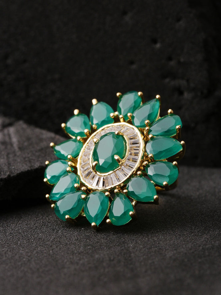 Designer Emerald Stone Studded Gold Plated Green Floral Design Stylish Adjustable Ring For Women And Girls