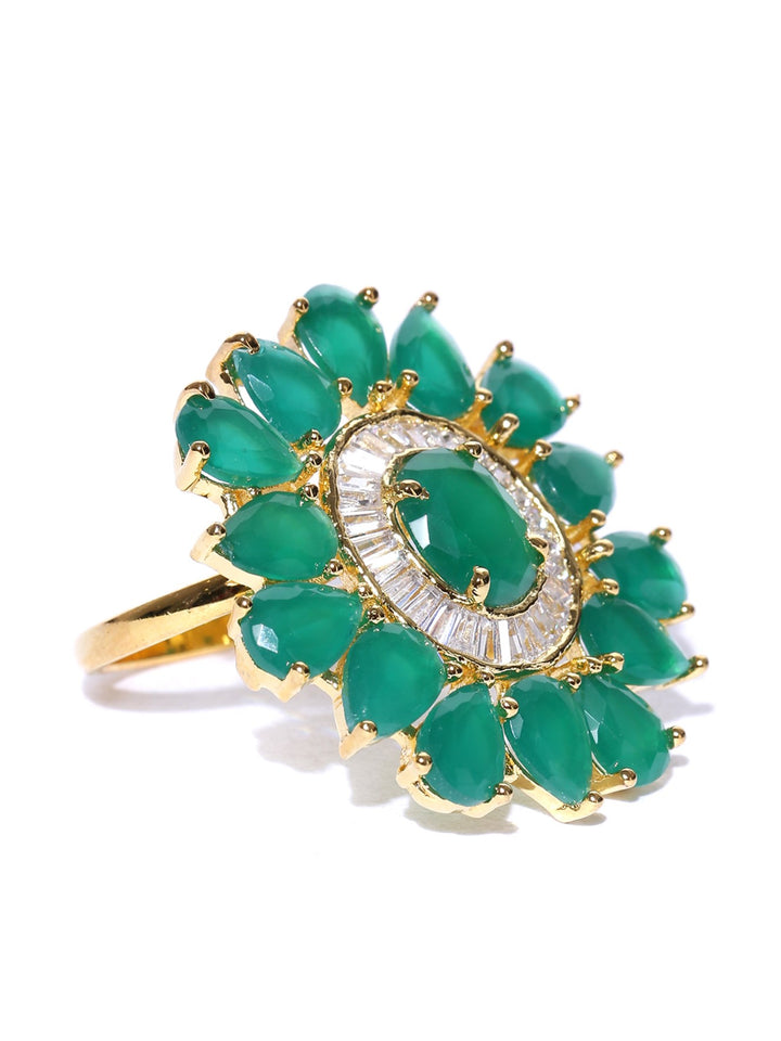 Designer Emerald Stone Studded Gold Plated Green Floral Design Stylish Adjustable Ring For Women And Girls