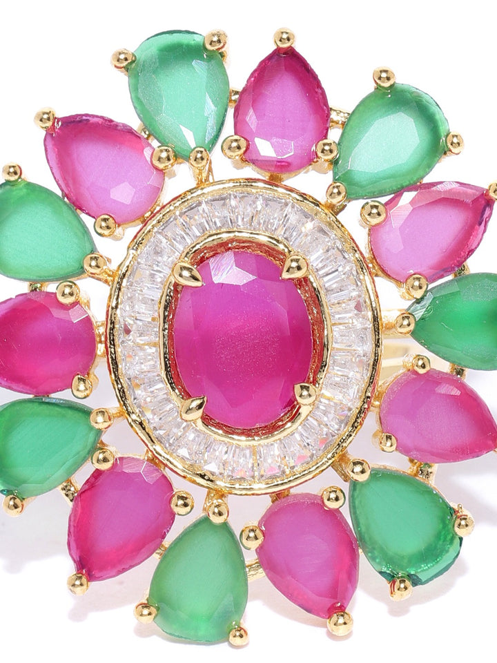 Gold-Plated Magenta and Green Adjustable Ring in Floral Patterned Studded with American Diamond Ruby and Emerald