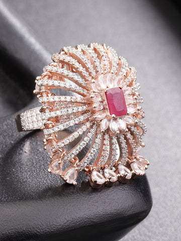 Gold-Toned Pink CZ-Studded Handcrafted Adjustable Ring