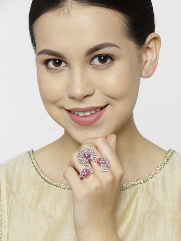 Stylish Gold-Toned Pink And White CZ Stone-Studded Double Finger Adjustable Rings