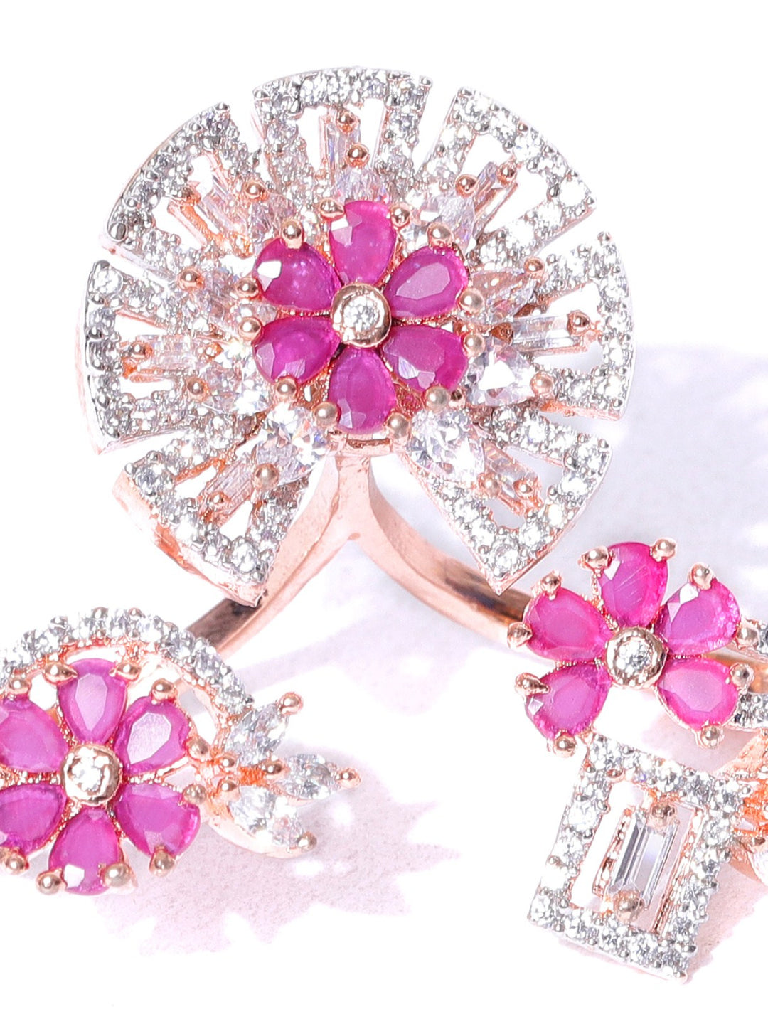 Stylish Gold-Toned Pink And White CZ Stone-Studded Double Finger Adjustable Rings