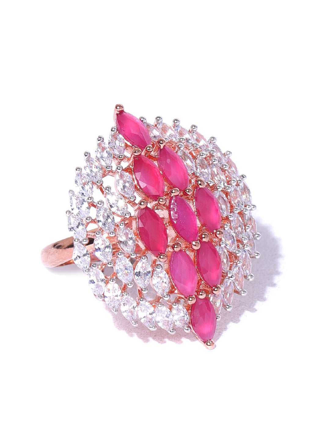 Rose Gold-Plated Pink CZ Stone-Studded Adjustable Finger Ring