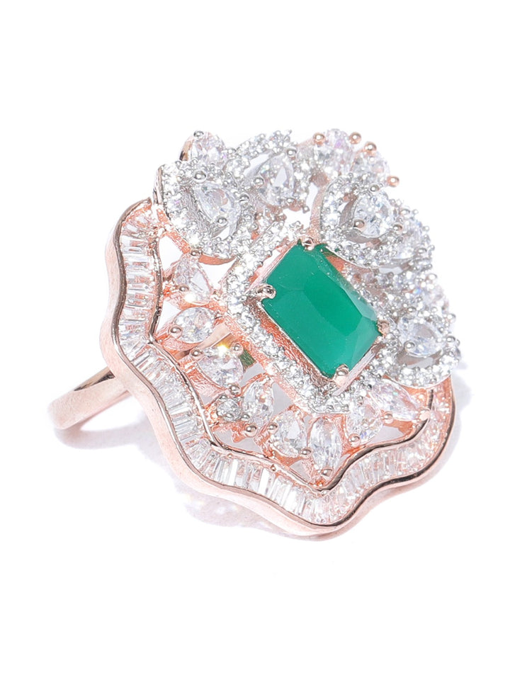 Designer Handcrafted CZ Studded Gold Plated Green And White Party Wear Ring For Women And Girls