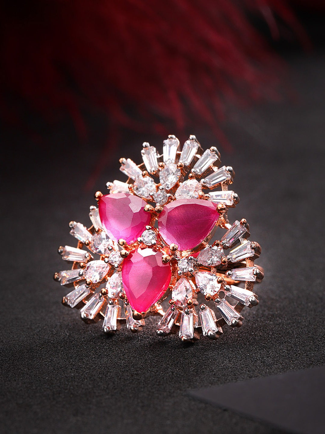 Sparkling Pink & White CZ Stone Studded Gold Plated Ring For Women And Girls