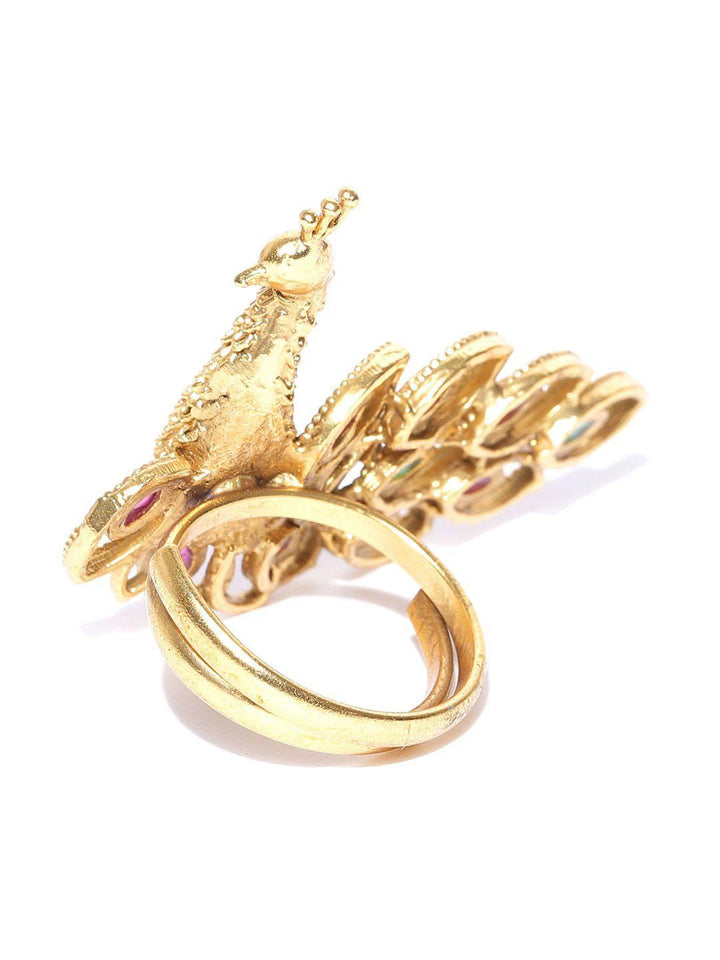 Gold Plated Peacock Inspired Multicolour Ring For Women And Girls