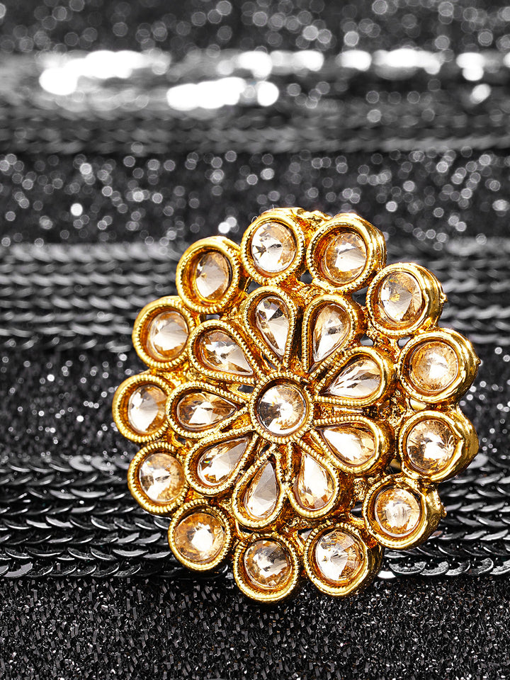 Designer Gold Plated Stone and Kundan Studded Stylish Fancy Adjustable Floral Design Round Ring For Women And Girls