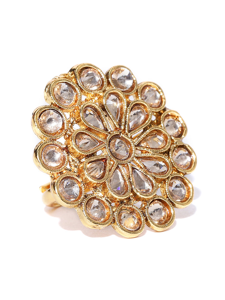 Designer Gold Plated Stone and Kundan Studded Stylish Fancy Adjustable Floral Design Round Ring For Women And Girls