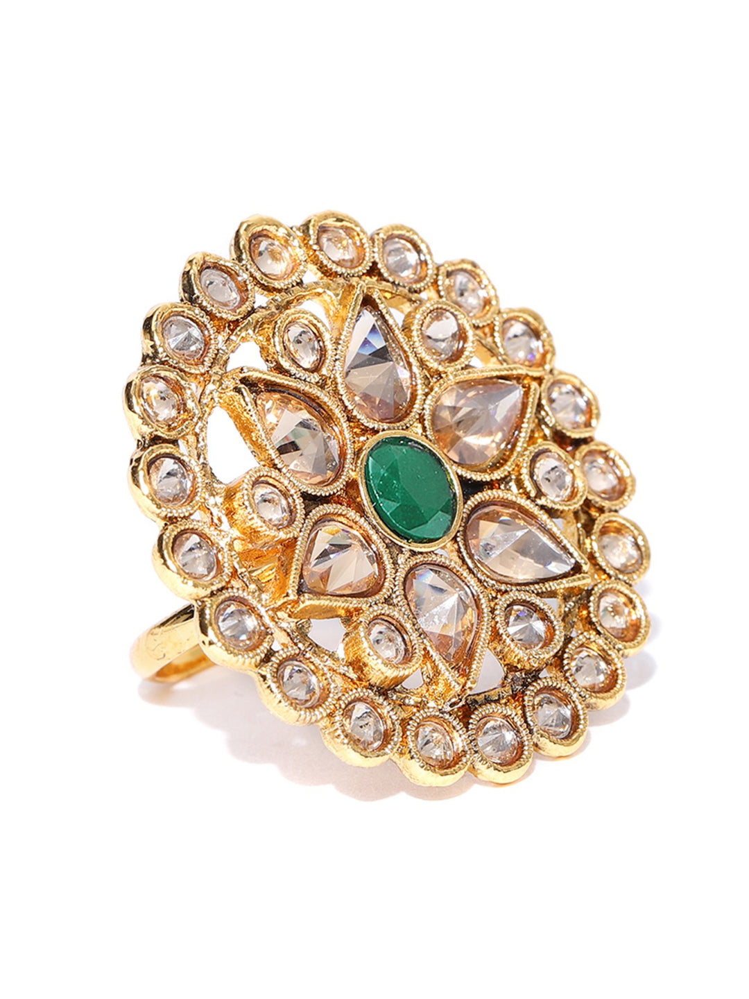 Designer Gold Plated Crystal, Green Stone and Kundan Studded Floral Design Stylish Adjustable Round Ring For Women And Girls