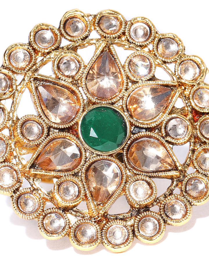 Designer Gold Plated Crystal, Green Stone and Kundan Studded Floral Design Stylish Adjustable Round Ring For Women And Girls