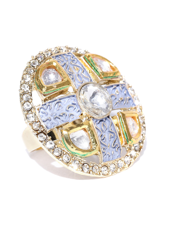 Designer Gold Plated Stones, Ad American Diamond and Kundan Studded Stylish Adjustable Skyblue Round Ring For Women And Girls