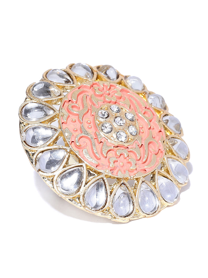Designer Gold Plated Stones and Kundan Studded Stylish Trendy Adjustable Peach Round Ring For Women And Girls