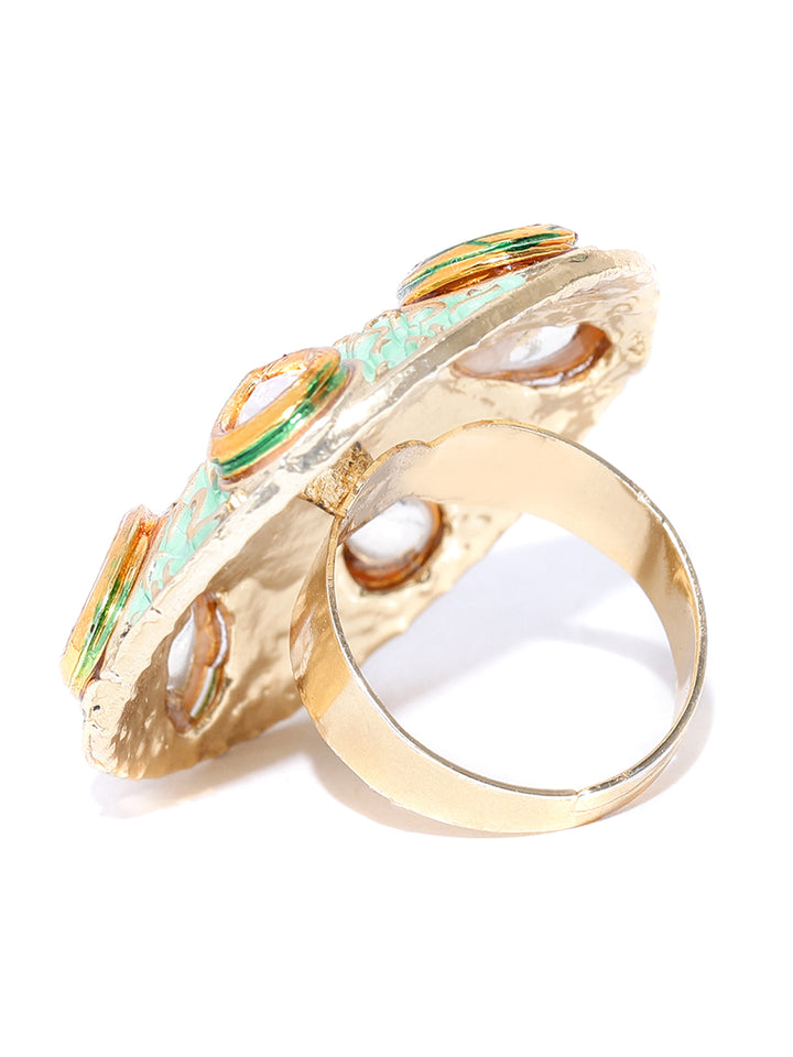 Designer Gold Plated Kundan Studded Stylish Trendy Stylish Adjustable Mint Green Round Ring For Women And Girls