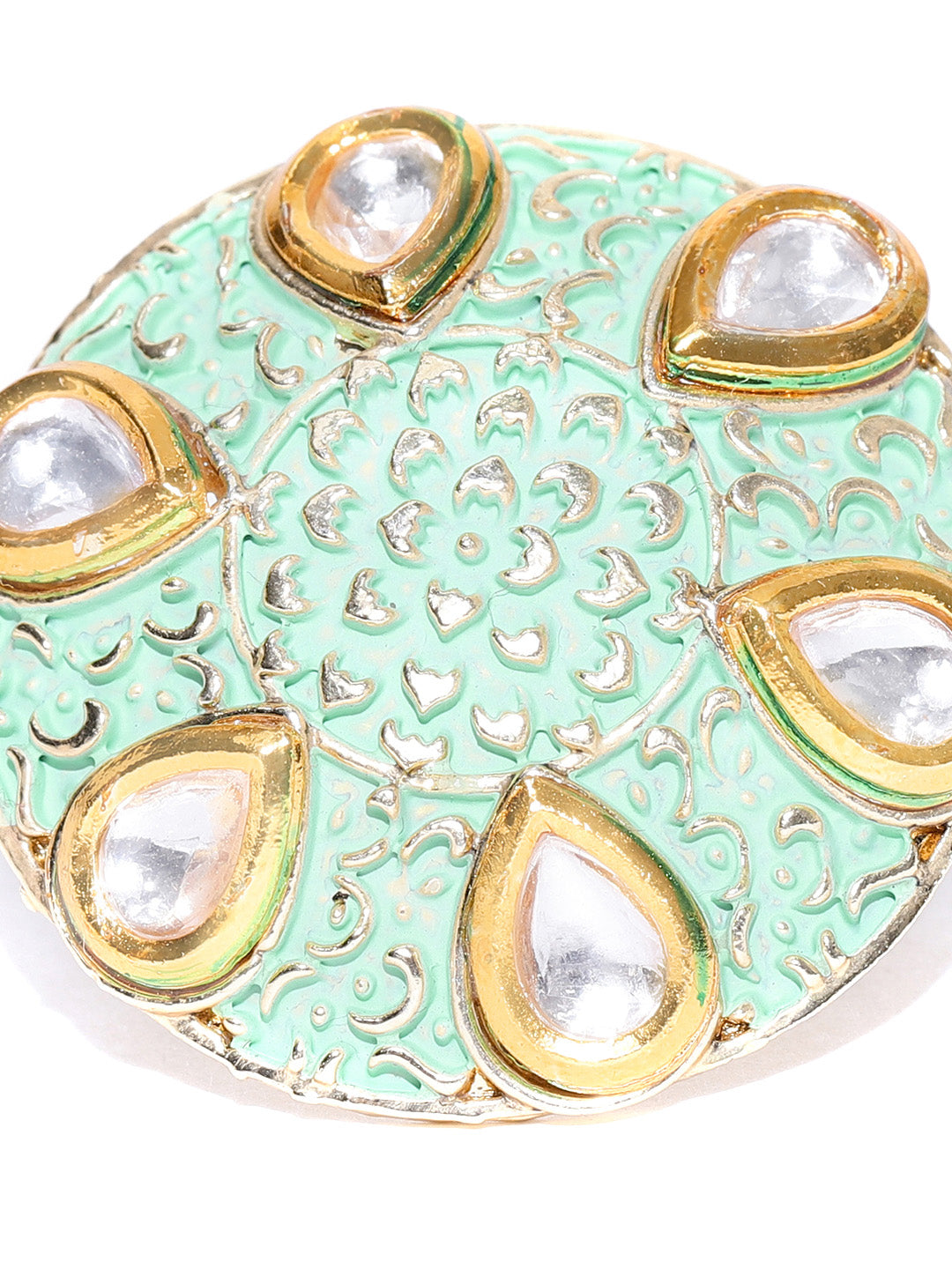 Designer Gold Plated Kundan Studded Stylish Trendy Stylish Adjustable Mint Green Round Ring For Women And Girls
