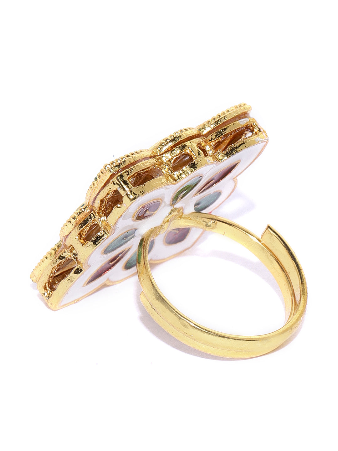 Gold-Plated Kundan Ring in Floral Pattern