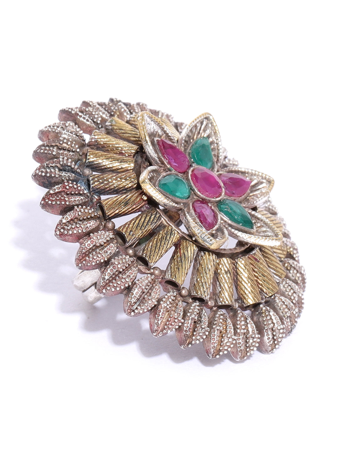 Oxidized Dual-Toned Ruby and Emerald Studded Adjustable Ring in Floral Pattern