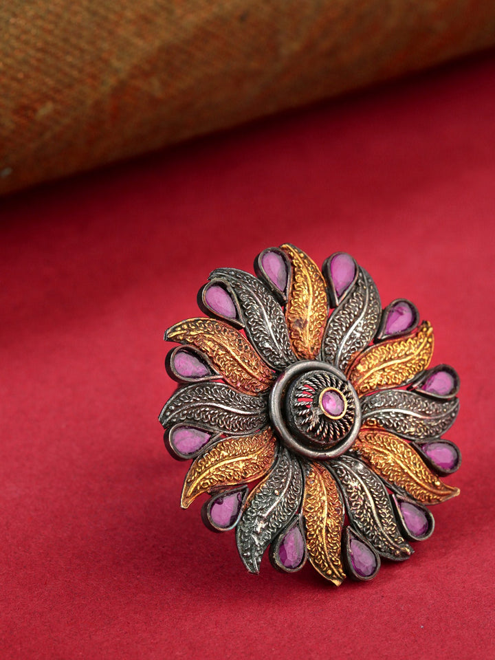 Oxidized Dual-Toned Ruby Studded Adjustable Ring in Floral Pattern