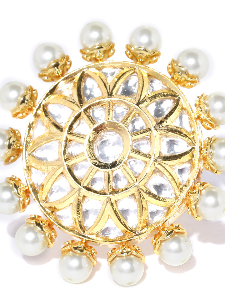Gold-Plated Kundan and Pearls Studded Adjustable Ring in Floral Pattern
