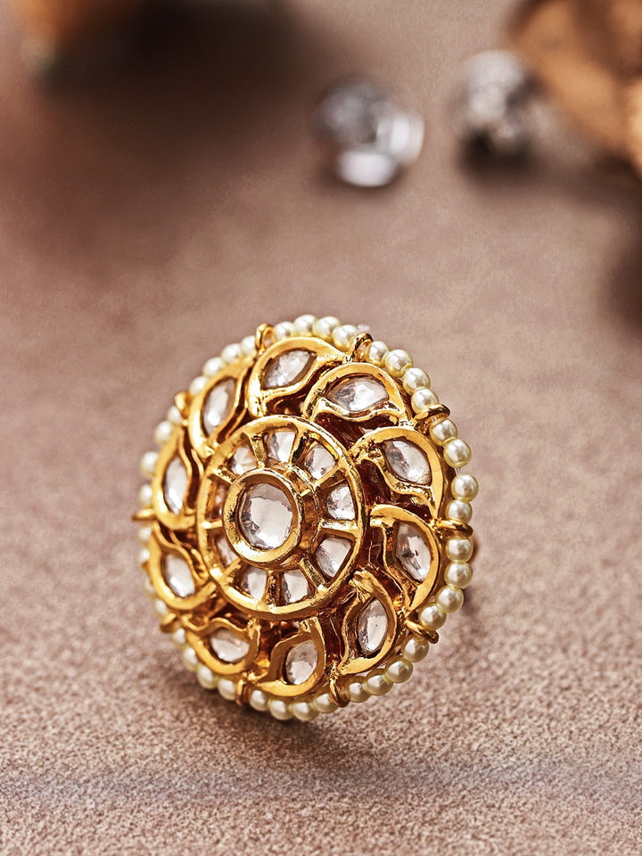 Gold-Plated Kundan and Pearls Studded Adjustable Ring in Floral Pattern