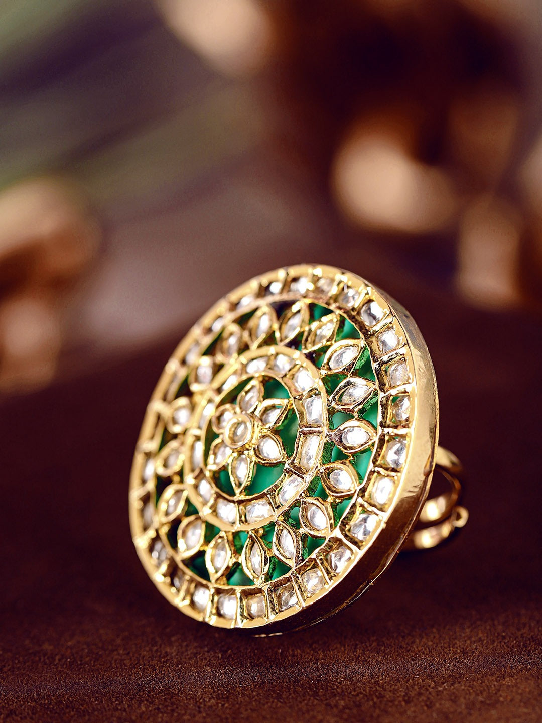 Gold-Plated Kundan Studded Green Meenakari Adjustable Ring in Floral Pattern