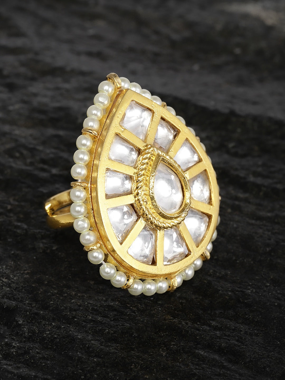 Gold-Plated Kundan and Pearls Studded Adjustable Ring