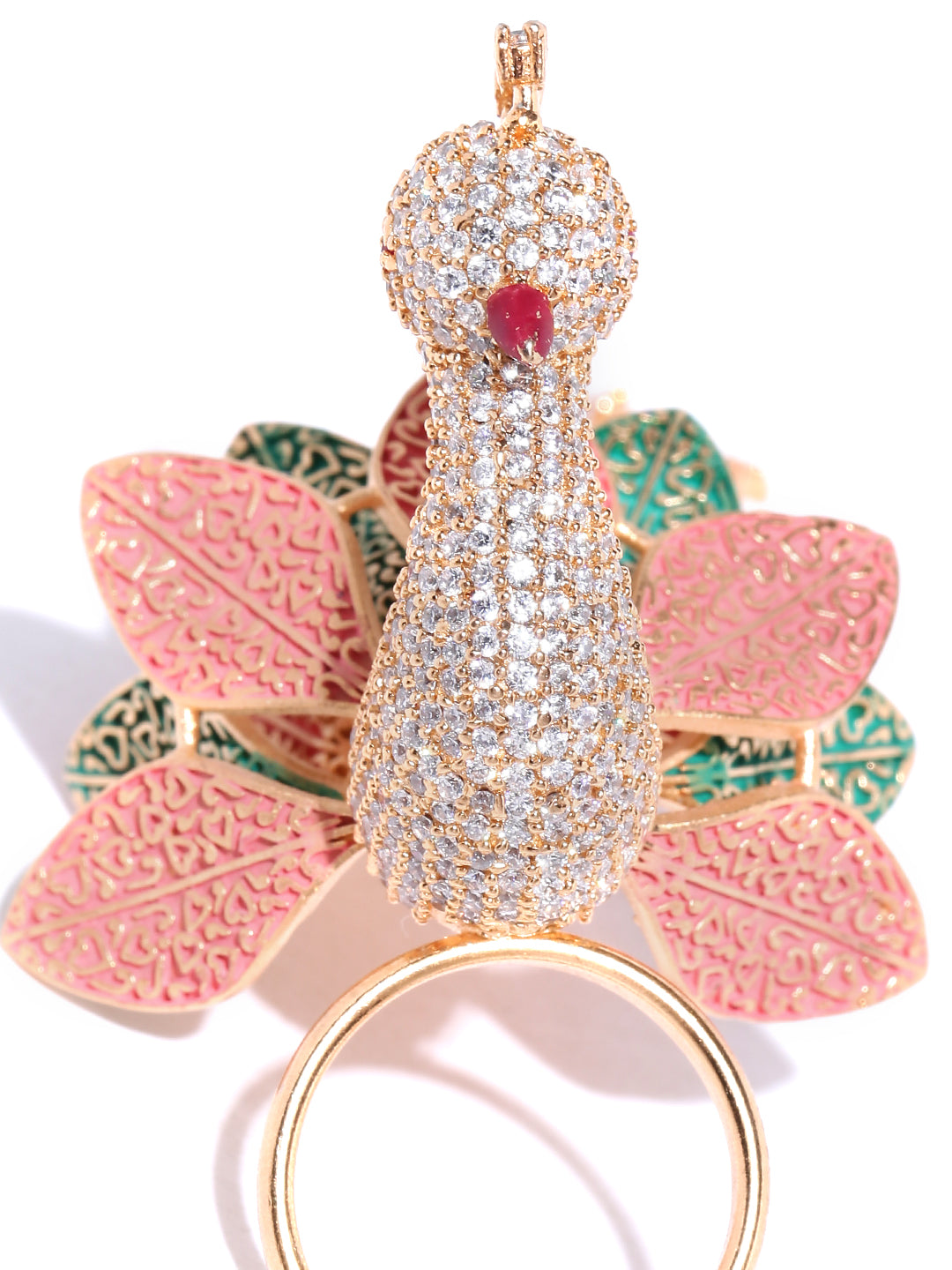 Gold-Plated American Diamond Studded Peacock Inspired Meenakari Adjustable Ring in Peach and Green Color