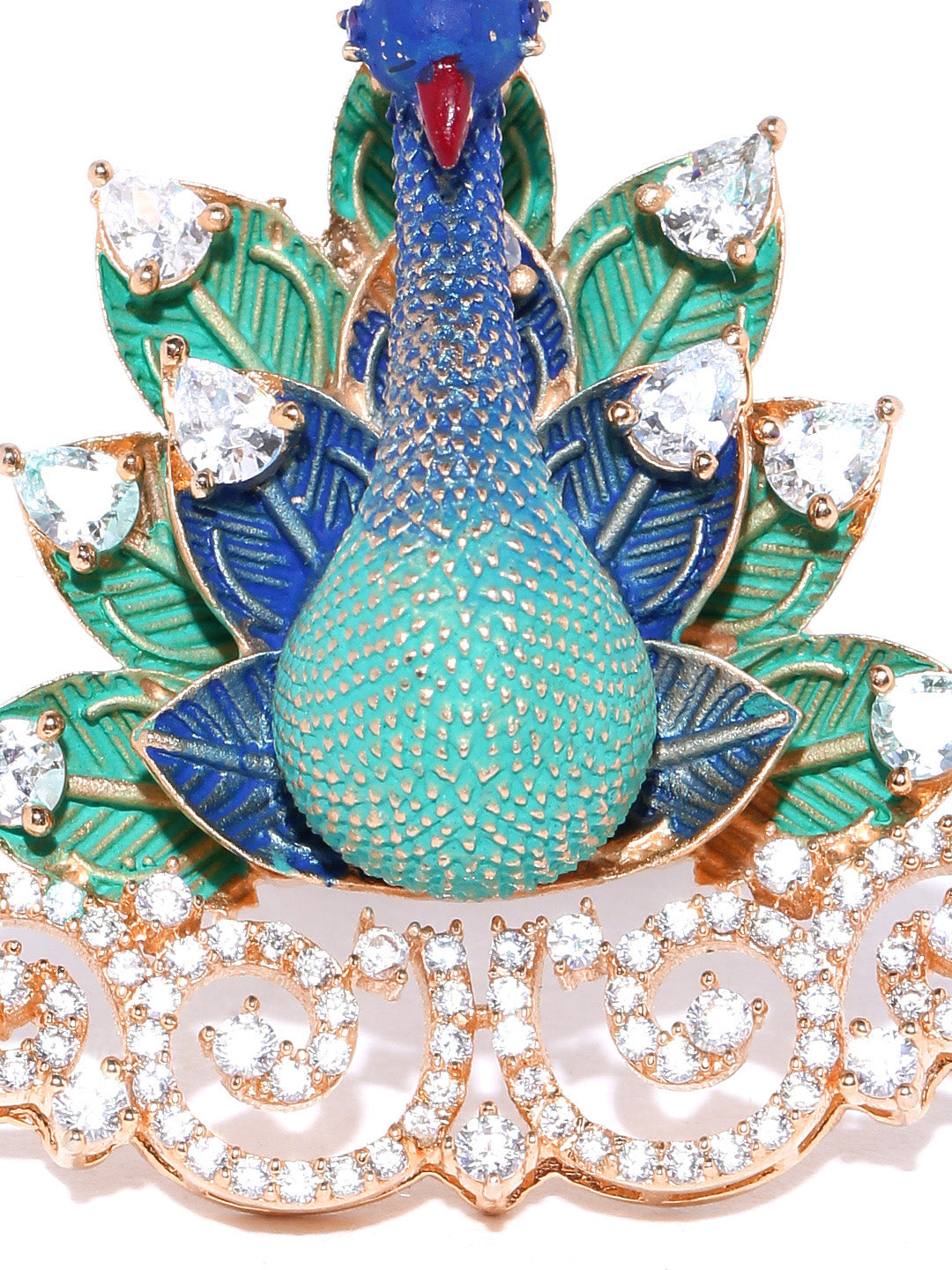 Gold-Plated American Diamond Studded Peacock Inspired Meenakari Adjustable Ring in Peach and Green Color