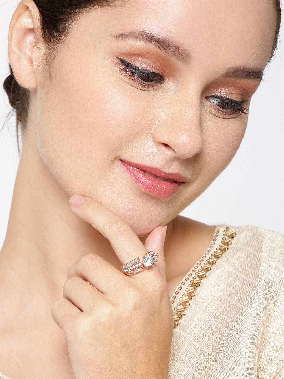 Rosy Affair - American Diamond Studded Rose Gold-Plated Ring