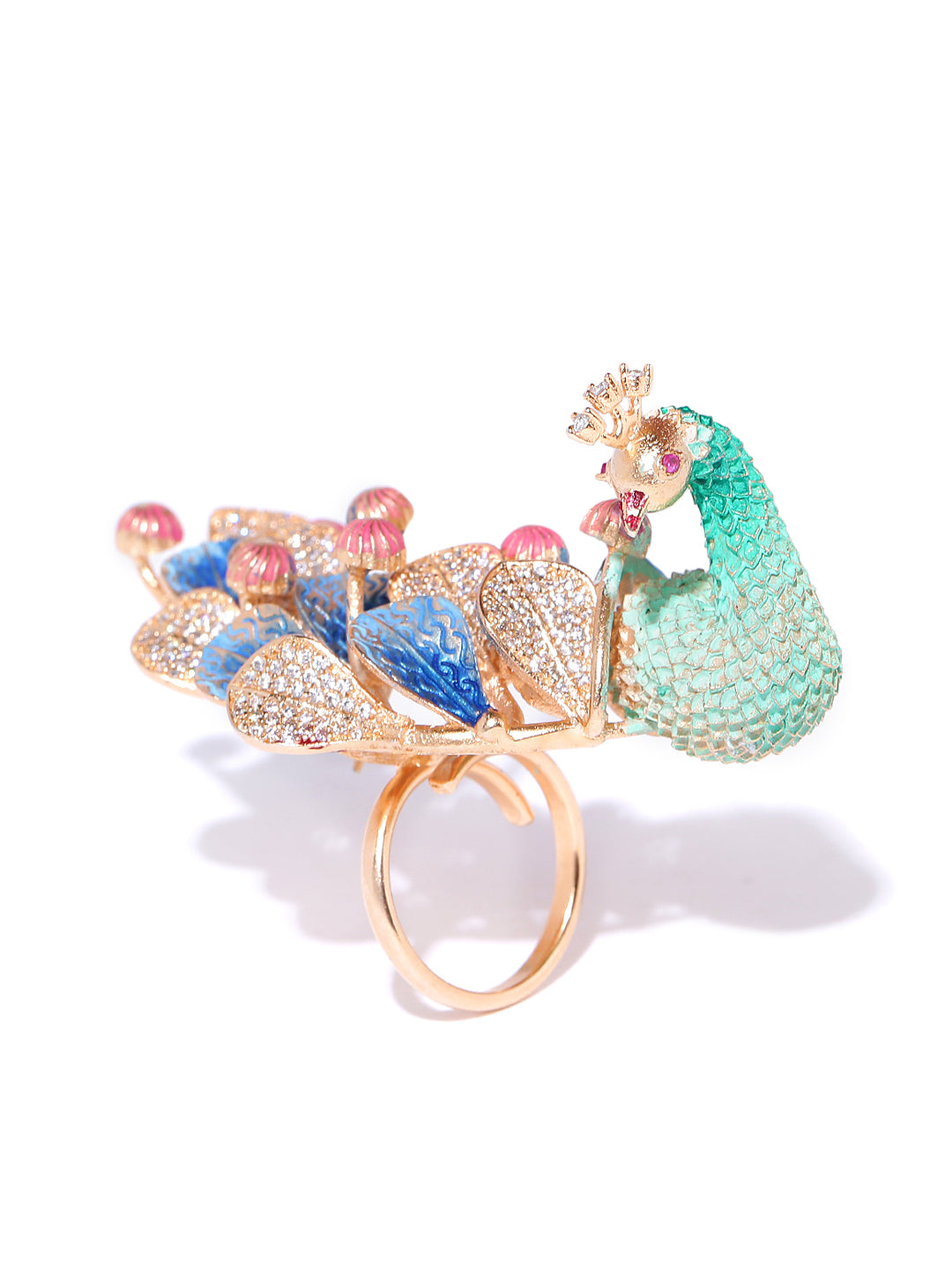 Rose Gold-Plated Peacock Inspired Meenakari Adjustable Ring in Green and Blue Color