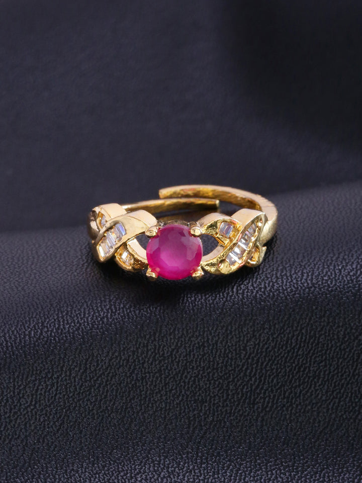 Gold-Plated American Diamond & Ruby Stone Studded Adjustable Ring