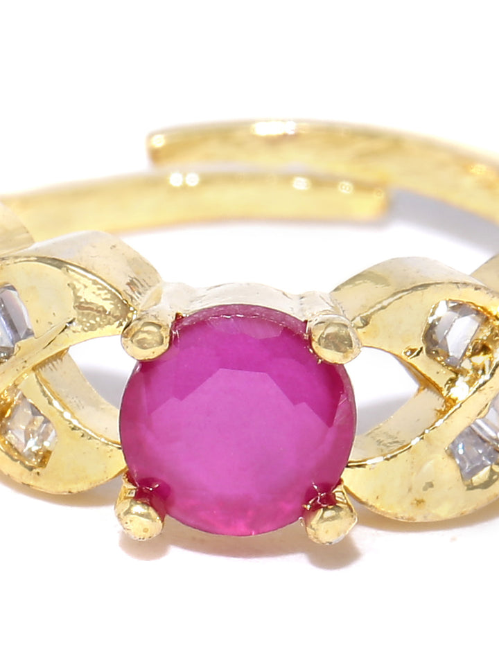 Gold-Plated American Diamond & Ruby Stone Studded Adjustable Ring