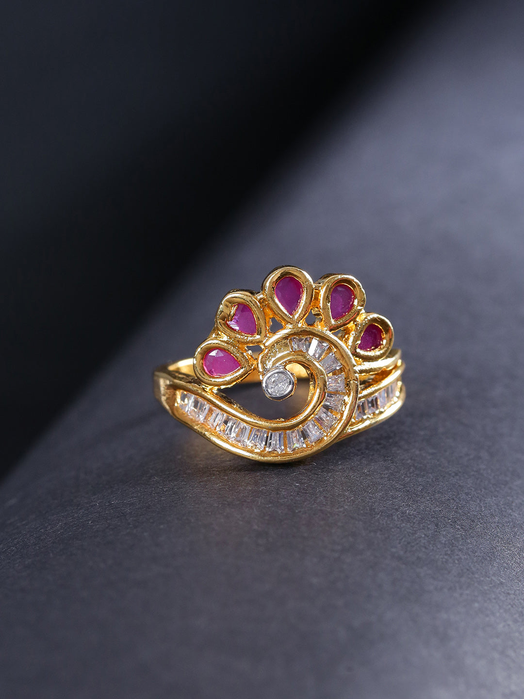 Gold-Plated American Diamond & Ruby Stone Studded Adjustable Ring