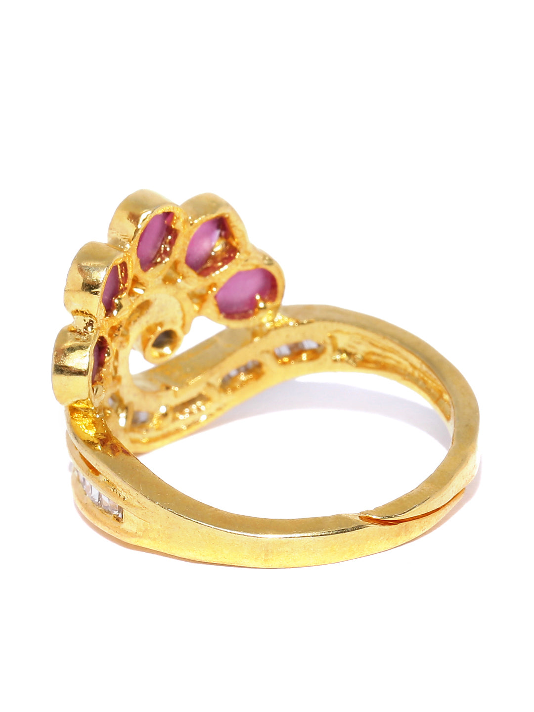 Gold-Plated American Diamond & Ruby Stone Studded Adjustable Ring