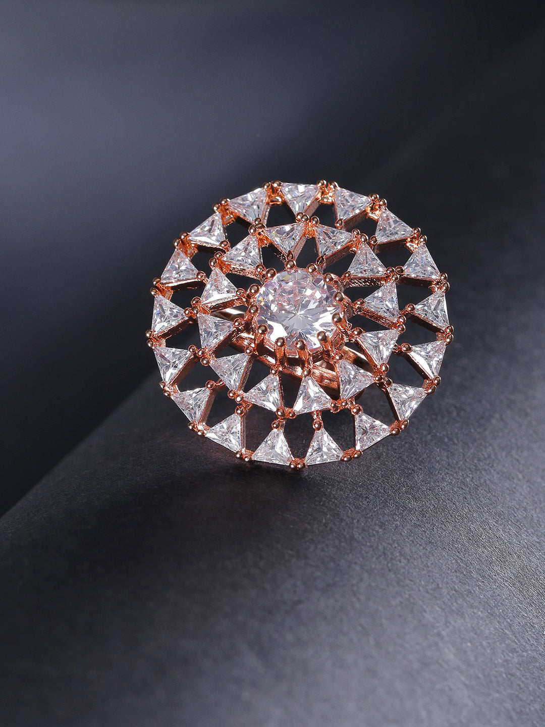 Rose Gold-Plated American Diamond Studded Adjustable Ring in Geometric Pattern