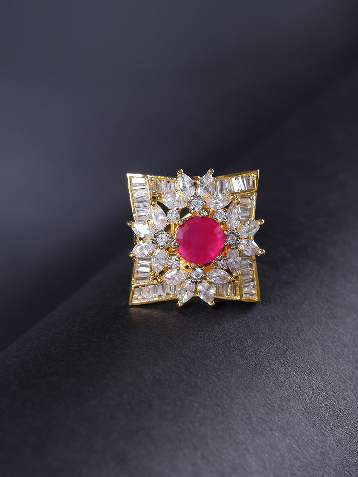 Gold-Plated American Diamond and Ruby Studded Adjustable Ring in Floral Pattern
