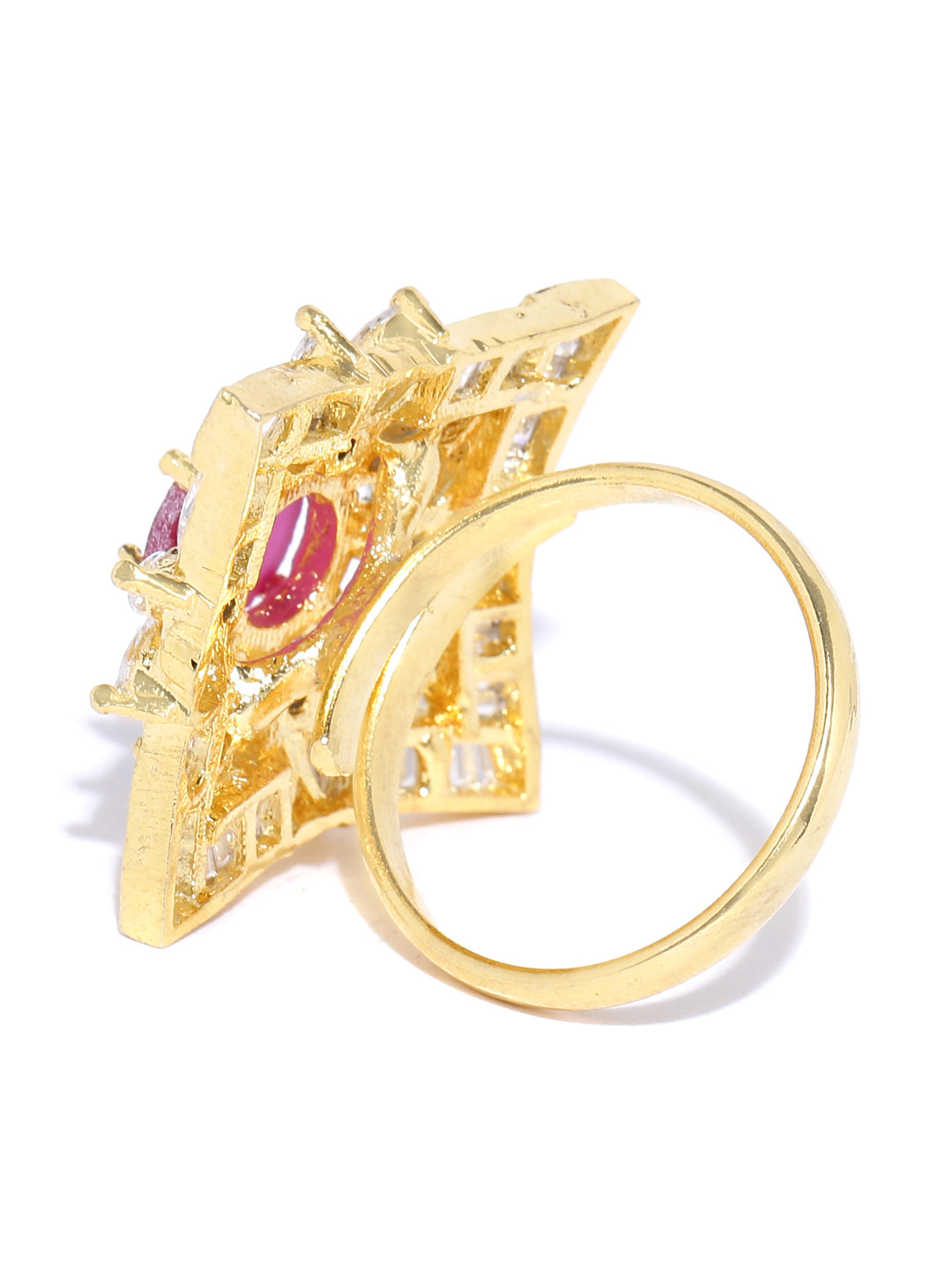 Gold-Plated American Diamond and Ruby Studded Adjustable Ring in Floral Pattern